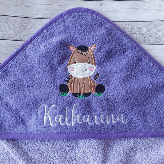 Kapuzenhandtuch XXL 100x100cm mit Name & Pferd bestickt
